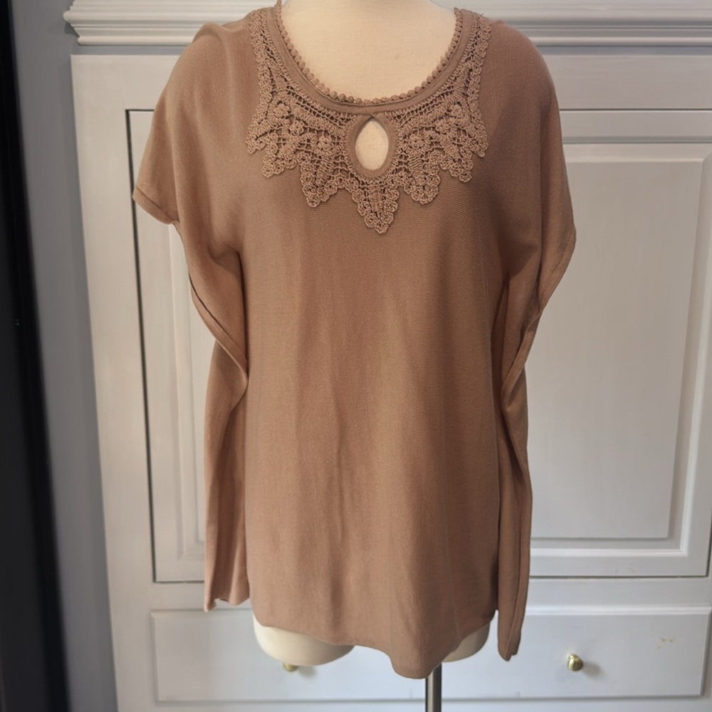 Cable & Gauge Tan Blouse with Crochet Neckline